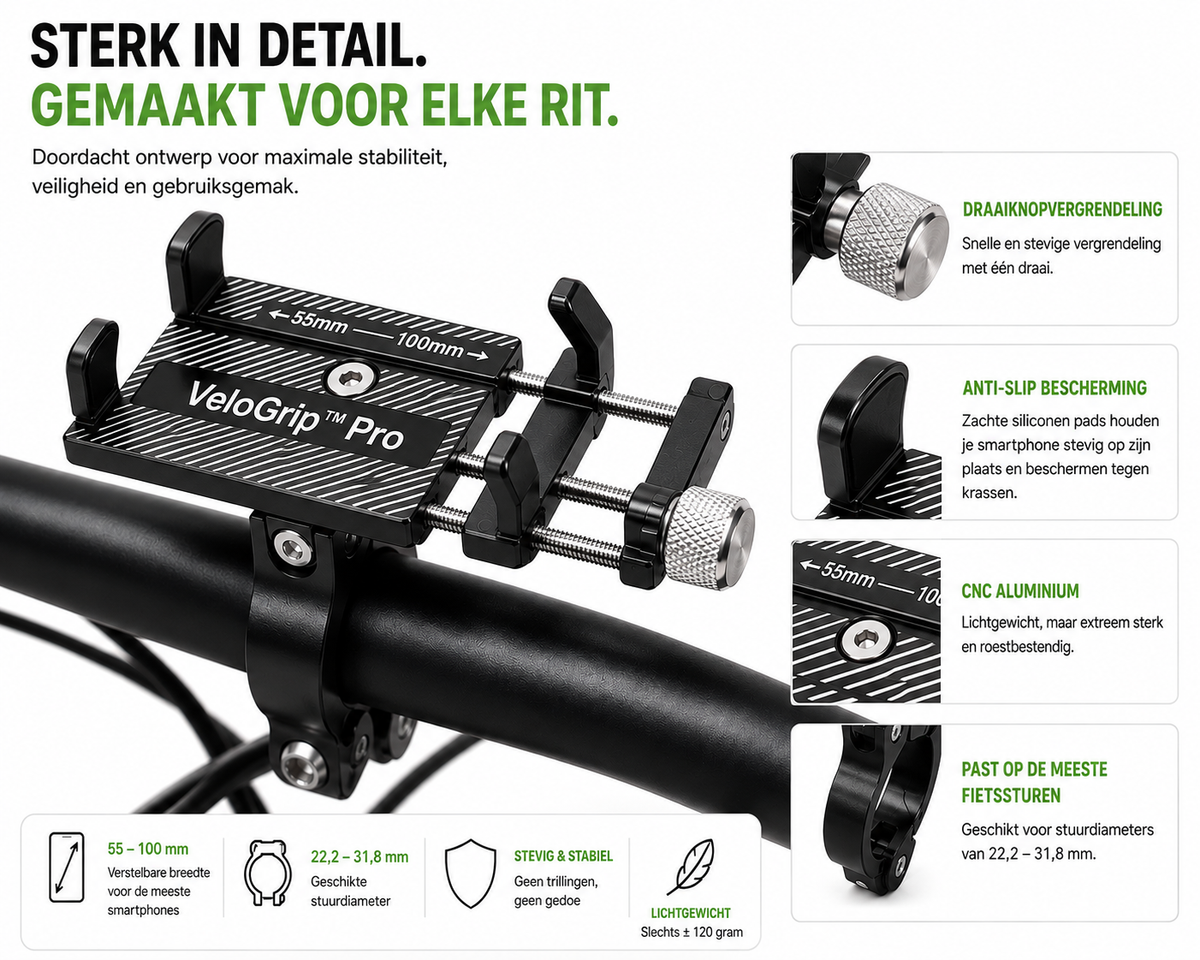 VeloReady RideGrip™ Pro – Stevige Telefoonhouder voor Fiets & E-bike